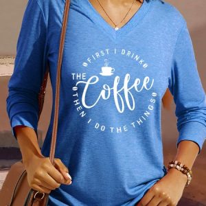 Women's Casual Coffee Letter Print Graphic V Neck Shirt, color:Blue|size:3XL, Lilicloth.com