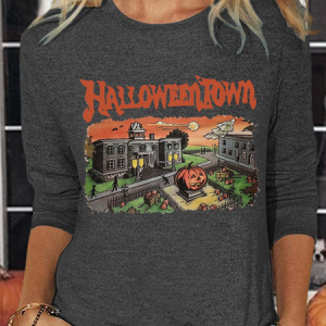 Women's Halloweentown Est 1998 Casual Regular Fit Cotton-Blend Long Sleeve Shirt, color:Gray|size:3XL, Lilicloth.com