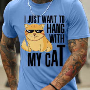 Men's I just want to hang with my cat Cotton-Blend Casual Crew Neck T-Shirt, color:Light Blue|size:3XL, Lilicloth.com