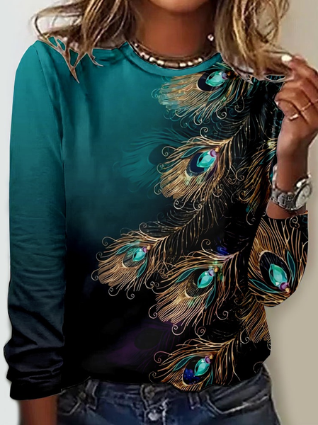 Women's Art Feather Casual Peacock Crew Neck Shirt, Long sleeves, Lilicloth.com