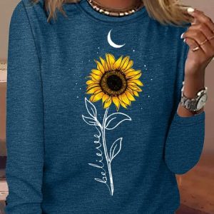 Women's Sunflower Moon Print Crew Neck Text Letters Shirt, color:Blue|size:3XL, Lilicloth.com