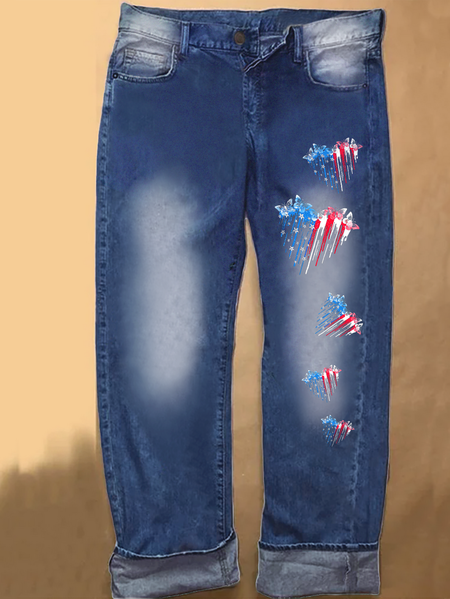 Women‘s Heart Of Butterfly Casual Loose Jeans, color:Blue|size:3XL, Lilicloth.com