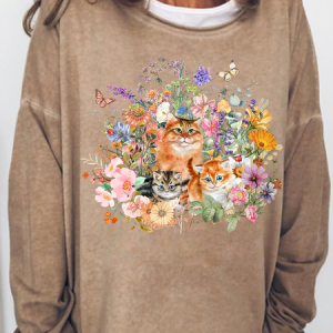 Women's Floral Vintage Garden Cat Crew Neck Cotton-Blend Casual Sweatshirt, color:Khaki|size:3XL, Lilicloth.com