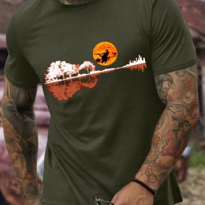 Men’s Nature Guitar Classic All Saints’ Day Cotton Regular Fit Casual T-Shirt, color:Army Green|size:3XL, Lilicloth.com