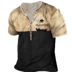 Men's Outdoor Casual Retro Yellowstone Stitching Printed Henley T-shirt, T-Shirts, , COTOSEN, Apparel Online, Cheap Clothes, Buy Now