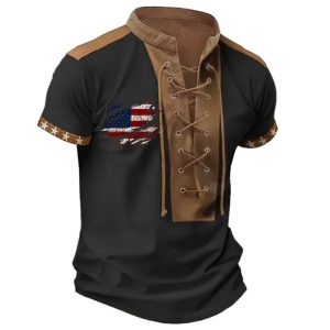 Men's Outdoor Casual Flag Print Vintage Lace Up Casual Short Sleeve T-Shirt, T-Shirts, , COTOSEN, Apparel Online, Cheap Clothes, Buy Now
