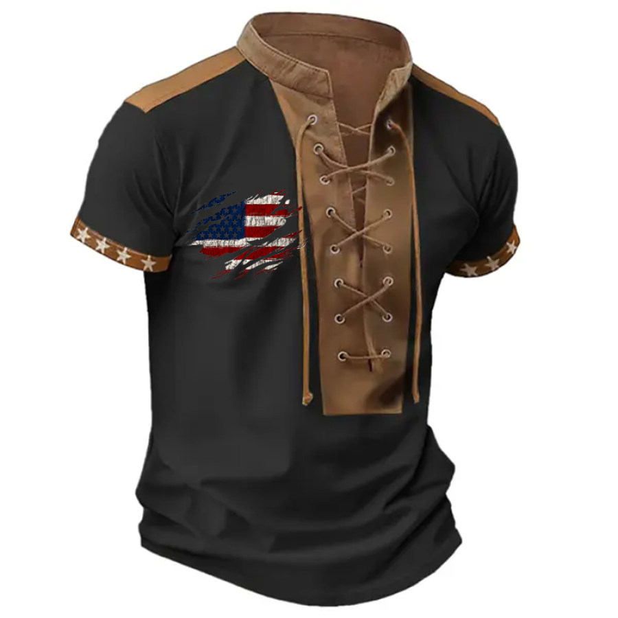 Men's Outdoor Casual Flag Print Vintage Lace Up Casual Short Sleeve T-Shirt, T-Shirts, , COTOSEN, Apparel Online, Cheap Clothes, Buy Now