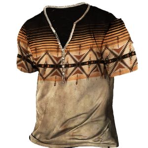 Men's Outdoor Casual Retro Western Region Style Printed Henley T-Shirt, T-Shirts, , COTOSEN, Apparel Online, Cheap Clothes, Buy Now