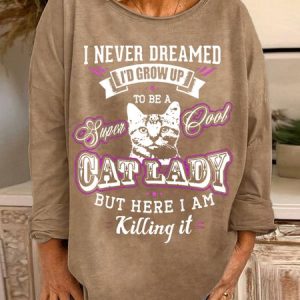 Women's Cat Lover Letters Crew Neck Sweatshirt, color:Light Brown|size:3XL, Lilicloth.com