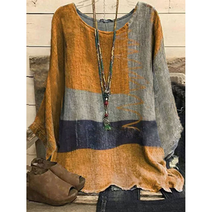 Round Neck Contrast Color Block Loose Long-sleeved Blouse, women tops, COTOSEN, Apparel Online, Cheap Clothes, Buy Now