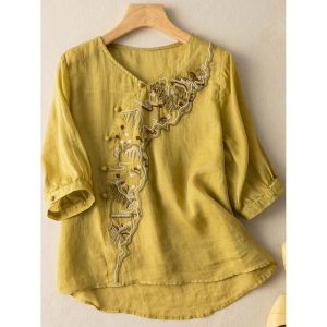 V-neck Loose Casual Embroidered Long-sleeved Blouse, women tops, , COTOSEN, Apparel Online, Cheap Clothes, Buy Now