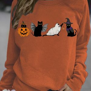 Women's ghost cat Halloween Casual Crew Neck Sweatshirt, color:Orange|size:3XL, Lilicloth.com