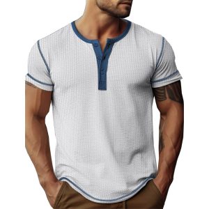 Men's Waffle Henley Shirt Henley Shirt Tee Top Color Block Henley Street Vacation Short Sleeves Patchwork Apparel, T-Shirts, , COTOSEN, Apparel Online, Cheap Clothes, Buy Now