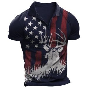 Men's Vintage Cuban Collar Wild Deer Outdoor American Flag Print T-Shirt, T-Shirts, , COTOSEN, Apparel Online, Cheap Clothes, Buy Now