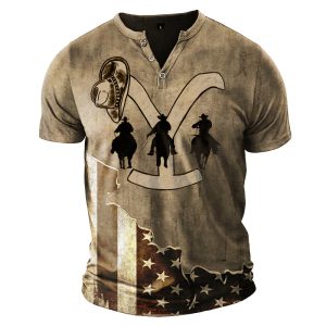 Men's Vintage Yellowstone Flag Print Henry T-Shirt Breathable Colorblock Khaki T-Shirt, T-Shirts, , COTOSEN, Apparel Online, Cheap Clothes, Buy Now