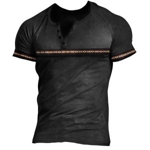 Men's Retro Thread Ethnic Print Henley Collar T-Shirt Breathable Casual Short Sleeve T-Shirt, T-Shirts, , COTOSEN, Apparel Online, Cheap Clothes, Buy Now