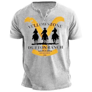 Men's Western Yellowstone Print Vintage V Neck T-Shirt, T-Shirts, , COTOSEN, Apparel Online, Cheap Clothes, Buy Now