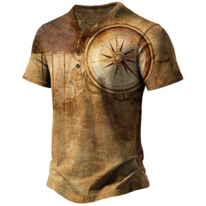 Men's Vintage Compass Print Henley Collar T-Shirt Breathable Casual Outdoor Trip Short Sleeve T-Shirt, T-Shirts, , COTOSEN, Apparel Online, Cheap Clothes, Buy Now