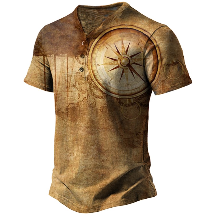 Men's Vintage Compass Print Henley Collar T-Shirt Breathable Casual Outdoor Trip Short Sleeve T-Shirt, T-Shirts, , COTOSEN, Apparel Online, Cheap Clothes, Buy Now