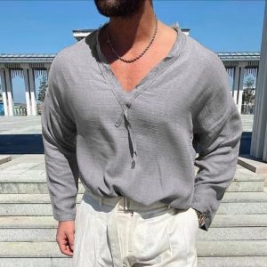 Men's Cotton Linen V Neck Tassel Neck Long Sleeve T-Shirt Casual Loose Solid Color T-Shirt, T-Shirts, , COTOSEN, Apparel Online, Cheap Clothes, Buy Now