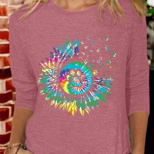 Women's Colorful Sunflower Dog Paw Graphic Casual Crew Neck Shirt, color:Pink|size:3XL, Lilicloth.com