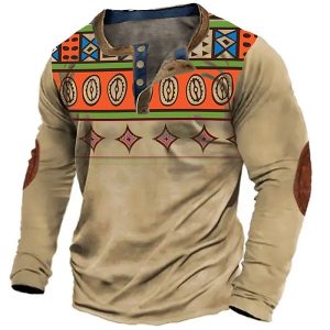 Men's T-Shirt Long Sleeve Henley Vintage Western Ethnic Aztec Colorblock Outdoor Daily Tops Khaki, T-Shirts, , COTOSEN, Apparel Online, Cheap Clothes, Buy Now