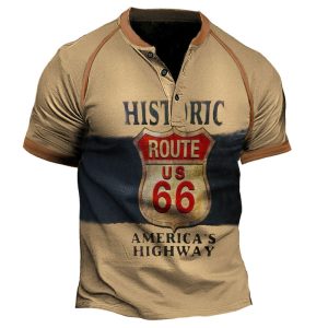 Men's T-Shirt Henley Vintage Route 66 Color Block Short Sleeve Summer Daily Tops Khaki, T-Shirts, , COTOSEN, Apparel Online, Cheap Clothes, Buy Now