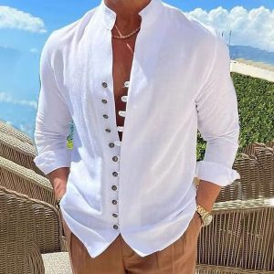 Men's Shirt Linen Stand Collar Long Sleeve Button Up Casual Daily Spring Summer Autumn Vacation Tops White Black Gray, T-Shirts, , COTOSEN, Apparel Online, Cheap Clothes, Buy Now