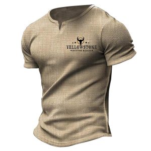 Men's T-Shirt V-Neck Waffle Vintage Western Yellowstone Short Sleeve Summer Daily Tops Khaki, T-Shirts, , COTOSEN, Apparel Online, Cheap Clothes, Buy Now