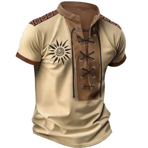 Men's T-Shirt Lace-Up Stand Collar Vintage Sun Aztec Colorblock Short Sleeve Summer Daily Tops Khaki, T-Shirts, , COTOSEN, Apparel Online, Cheap Clothes, Buy Now