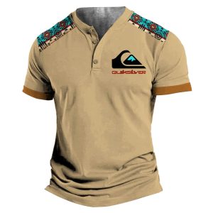 Men's T-Shirt Henley Vintage Quiksilver Aztec Colorblock Plus Size Short Sleeve Summer Daily Tops Khaki, T-Shirts, , COTOSEN, Apparel Online, Cheap Clothes, Buy Now