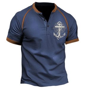 Men's T-Shirt Henley Vintage Anchor Color Block Short Sleeve Summer Daily Tops Navy Blue, T-Shirts, , COTOSEN, Apparel Online, Cheap Clothes, Buy Now