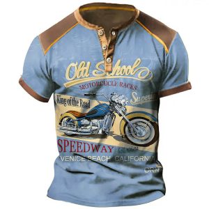 Men's T-Shirt Vintage Motorcycle Henley Colorblock Short Sleeve Summer Daily Tops Slate Blue, T-Shirts, , COTOSEN, Apparel Online, Cheap Clothes, Buy Now