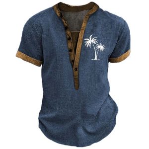 Men's T-Shirt Henley Stand Collar Vintage Hawaiian Coconut Tree Short Sleeve Summer Daily Tops Navy Blue, T-Shirts, , COTOSEN, Apparel Online, Cheap Clothes, Buy Now