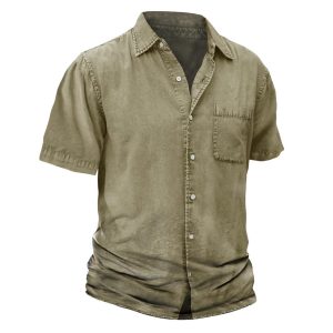 Men's Lapel Collar Solid Color Pocket Single Breasted Washed Shirt, T-Shirts, , COTOSEN, Apparel Online, Cheap Clothes, Buy Now