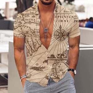 Men's Antique Vintage World Map Compass Print Hawaiian Beach Shirt, T-Shirts, , COTOSEN, Apparel Online, Cheap Clothes, Buy Now