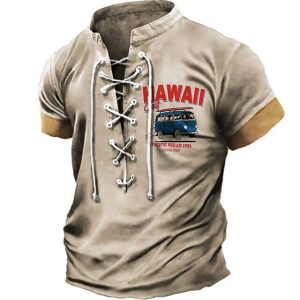 Men's Lace-Up Stand Collar T-Shirt Short Sleeve Vintage Car Colorblock Summer Daily Tops Khaki, T-Shirts, , COTOSEN, Apparel Online, Cheap Clothes, Buy Now