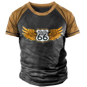 Men's T-shirt Vintage Route 66 Contrast Color Short Sleeve Round Neck Summer Daily Top Khaki, T-Shirts, , COTOSEN, Apparel Online, Cheap Clothes, Buy Now