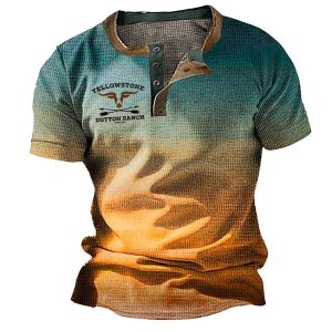Men's T-Shirt Henley Vintage Western Yellowstone Gradient Color Block Short Sleeve Summer Daily Tops Yellow, T-Shirts, , COTOSEN, Apparel Online, Cheap Clothes, Buy Now