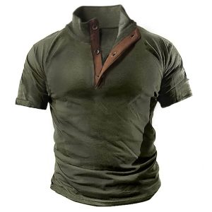Men's Vintage Contrast Henley Stand Collar T-Shirt, T-Shirts, , COTOSEN, Apparel Online, Cheap Clothes, Buy Now
