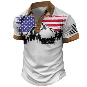Men's T-Shirt Polo Button Up Vintage American Flag Mountains Colorblock Outdoor Short Sleeve Summer Daily Tops, T-Shirts, , COTOSEN, Apparel Online, Cheap Clothes, Buy Now
