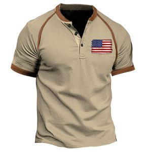 Men's T-Shirt Henley Vintage American Flag Color Block Short Sleeve Summer Daily Tops Khaki, T-Shirts, , COTOSEN, Apparel Online, Cheap Clothes, Buy Now