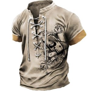 Men's Lace-Up Stand Collar T-Shirt Short Sleeve Vintage Playing Cards Skull Colorblock Summer Daily Tops Khaki, T-Shirts, , COTOSEN, Apparel Online, Cheap Clothes, Buy Now
