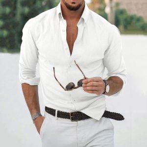 Men's Shirt Lapel Long Sleeve Solid Color Cotton Linen Loose Outdoor Casual Top White Gray, T-Shirts, , COTOSEN, Apparel Online, Cheap Clothes, Buy Now