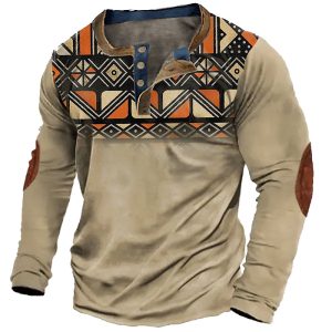 Men's T-Shirt Long Sleeve Henley Vintage Western Ethnic Aztec Colorblock Outdoor Daily Tops Khaki, T-Shirts, , COTOSEN, Apparel Online, Cheap Clothes, Buy Now
