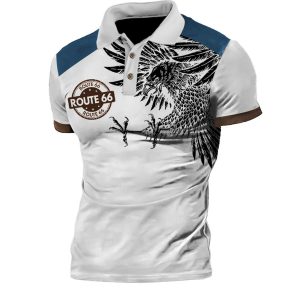 Men's Vintage Route 66 Eagle Print Polo T-Shirt, T-Shirts, , COTOSEN, Apparel Online, Cheap Clothes, Buy Now