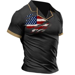Men's T-Shirt Cuban Collar Vintage American Flag Colorblock Outdoor Short Sleeve Summer Daily Tops, T-Shirts, , COTOSEN, Apparel Online, Cheap Clothes, Buy Now