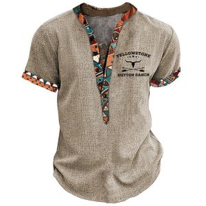 Men's T-Shirt Henley Stand Collar Vintage Western Yellowstone Stitching Ethnic Aztec Short Sleeve Summer Daily Tops, T-Shirts, , COTOSEN, Apparel Online, Cheap Clothes, Buy Now
