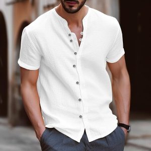 Men's Shirt Cotton Linen Hawaii Beach Stand Collar Button Casual Short Sleeve Summer Daily Tops, T-Shirts, , COTOSEN, Apparel Online, Cheap Clothes, Buy Now
