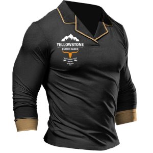 Men's T-Shirt Long Sleeve Cuban Collar Vintage Yellowstone Skull Bull Colorblock Outdoor Daily Tops Black, T-Shirts, , COTOSEN, Apparel Online, Cheap Clothes, Buy Now